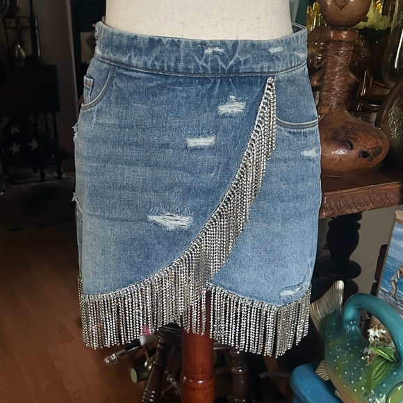 Denim Rhinestone Fringe Skirt - Picture 16 of 16
